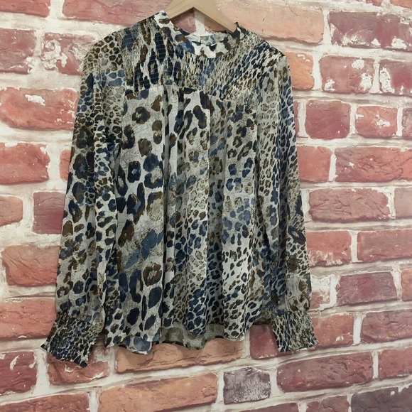 Mystree Top Shirt Women's Large Multicolor Animal Print Smocked Popover - Picture 2 of 8